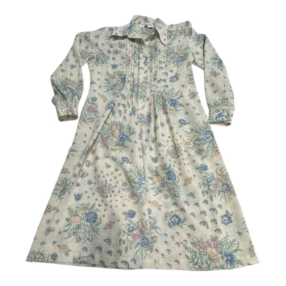 Vintage Kenny Classics 14 Poly Wool Blend Ivory Floral Butterflies AOP Dress